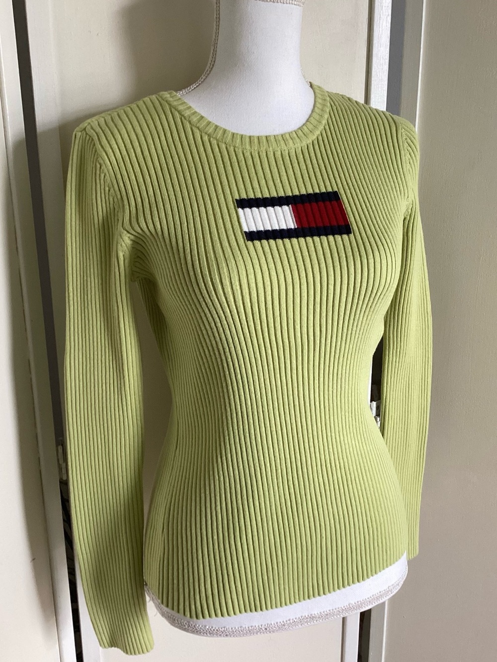 TOMMY HILFIGER ribbed sweater Sz S green cotton Y2K long sleeve